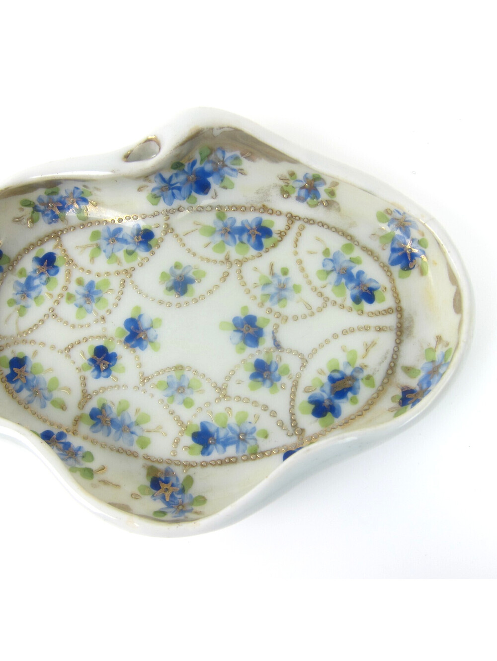 Antique Porcelain Dish Hand Painted Blue Flowers Green Gold Accents Japan Mikado - Picture 3 of 13